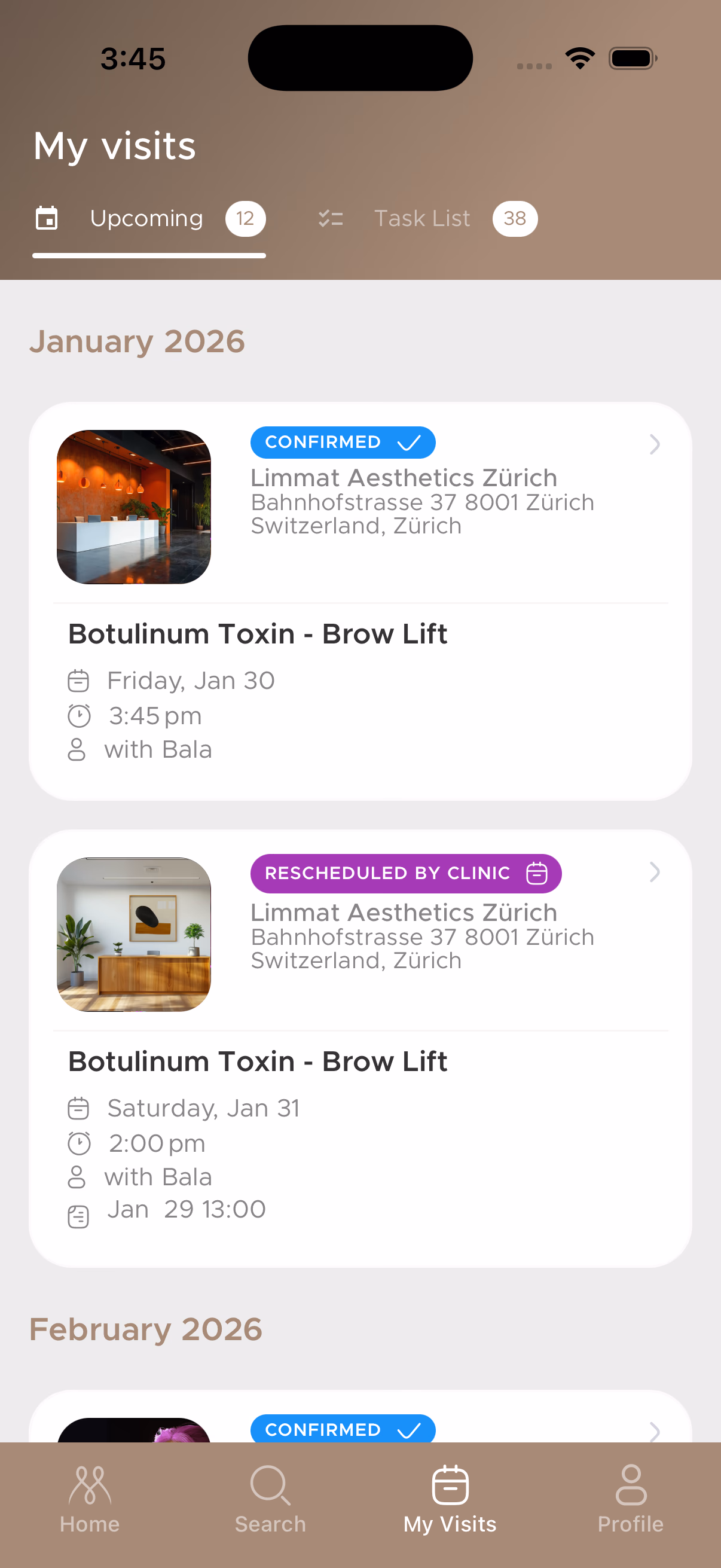 Upcoming appointments with status badges